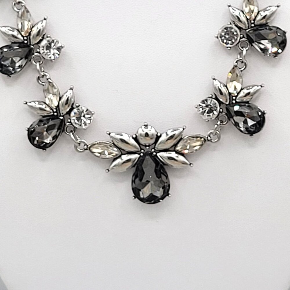 Statement Flora Necklace Smoky Teardrop Crystals Silver Tone 16"